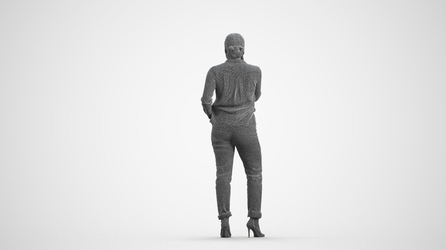 3D scanned woman standing casual, photorealistic archviz people for Enscape and SketchUp, wireframe front view