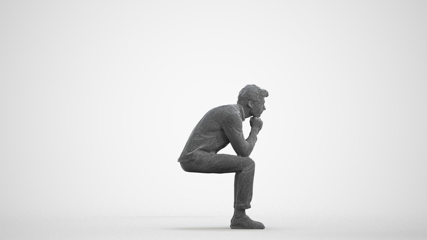 3D people model man casual sitting, scanned human for 3ds Max rendering, wireframe front view