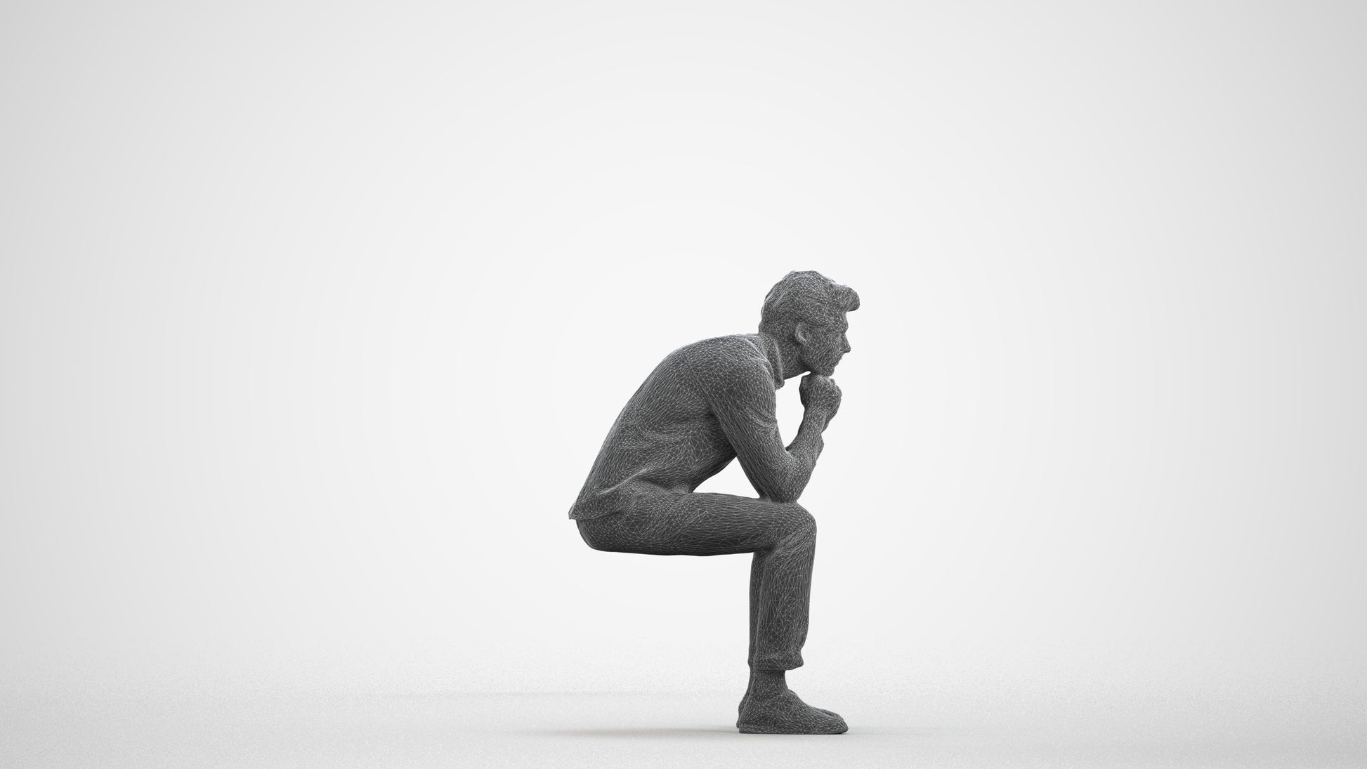 3D people model man casual sitting, scanned human for 3ds Max rendering, wireframe front view