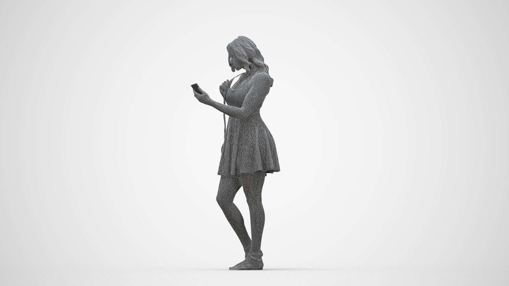 3D people model woman standing, scanned human for 3ds Max rendering, wireframe back view