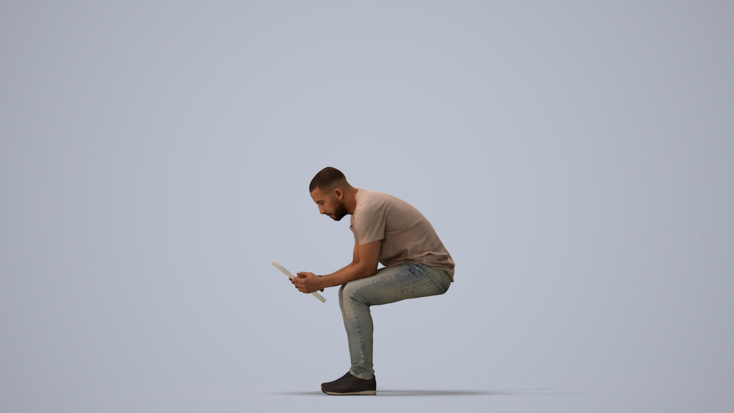 realistic 3D human man casual sitting, archviz people FBX OBJ for Blender, three-quarter view render