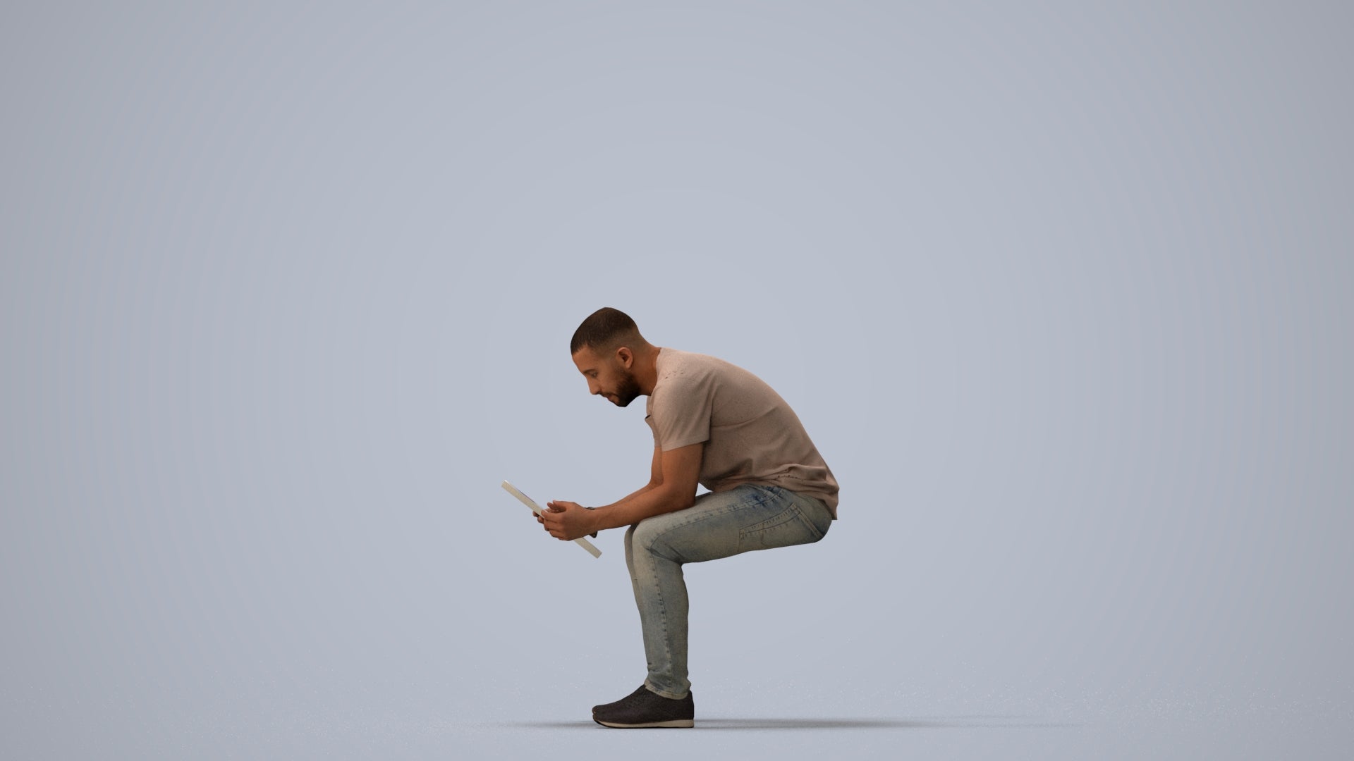 realistic 3D human man casual sitting, archviz people FBX OBJ for Blender, three-quarter view render