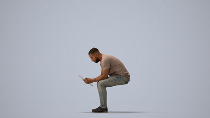 realistic 3D human man casual sitting, archviz people FBX OBJ for Blender, three-quarter view render