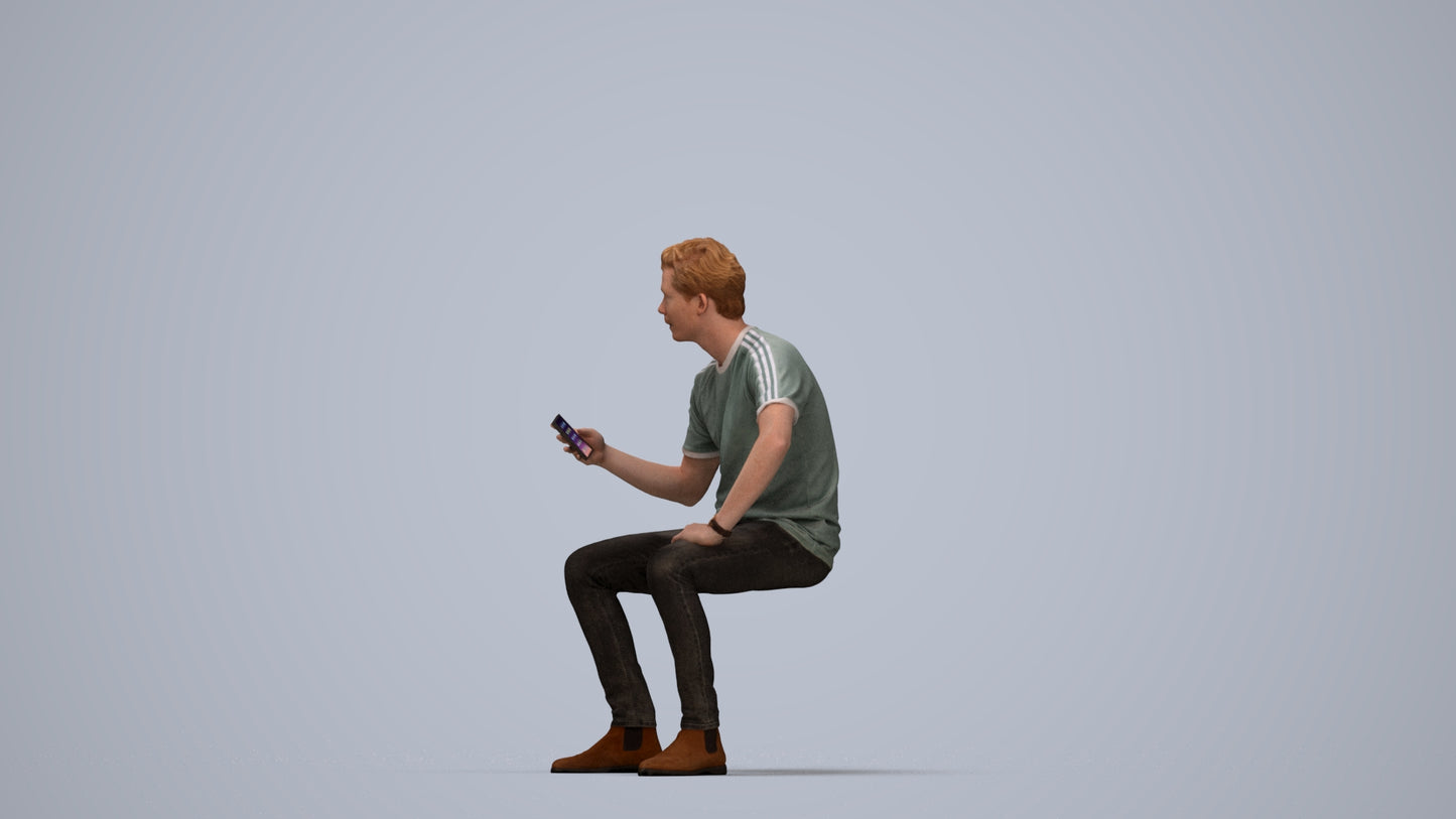 3D human model man casual sitting, photogrammetry scanned person for archviz, top-down view render