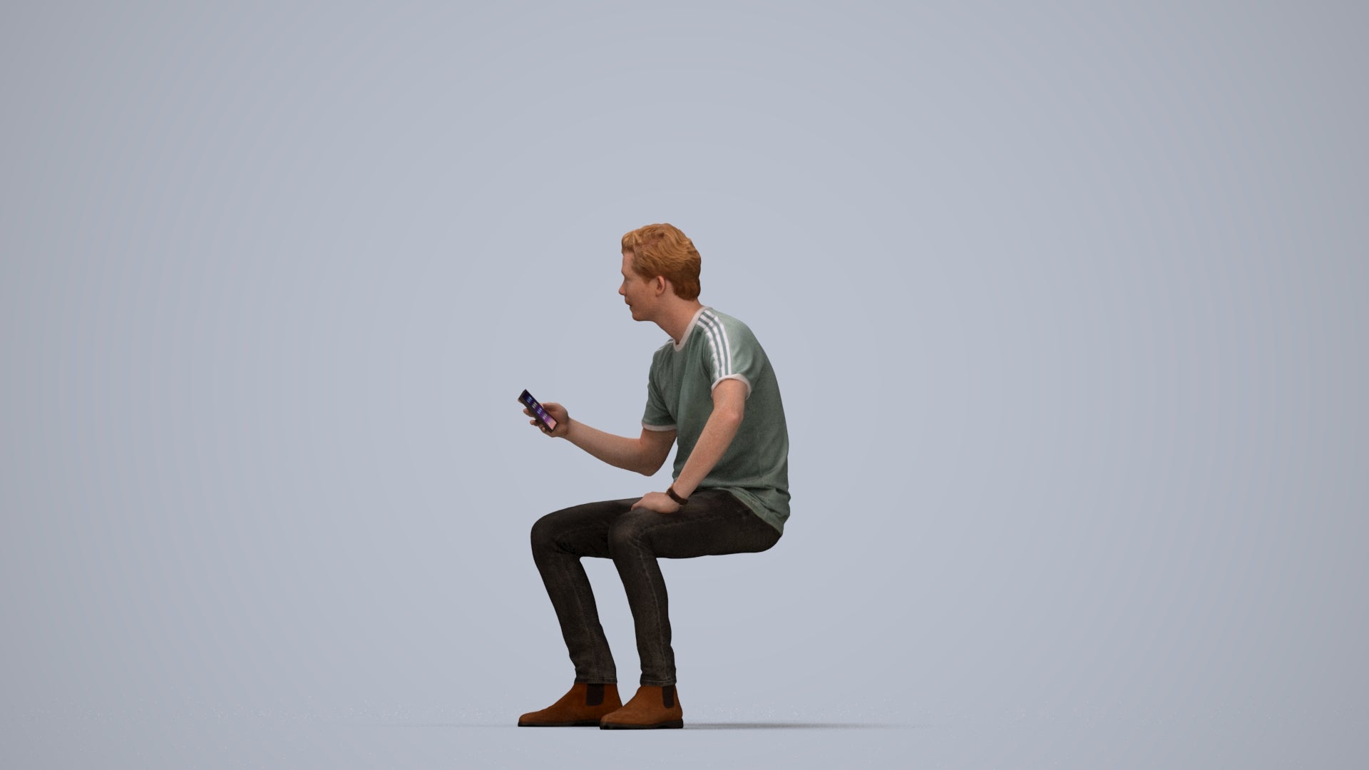 3D human model man casual sitting, photogrammetry scanned person for archviz, top-down view render