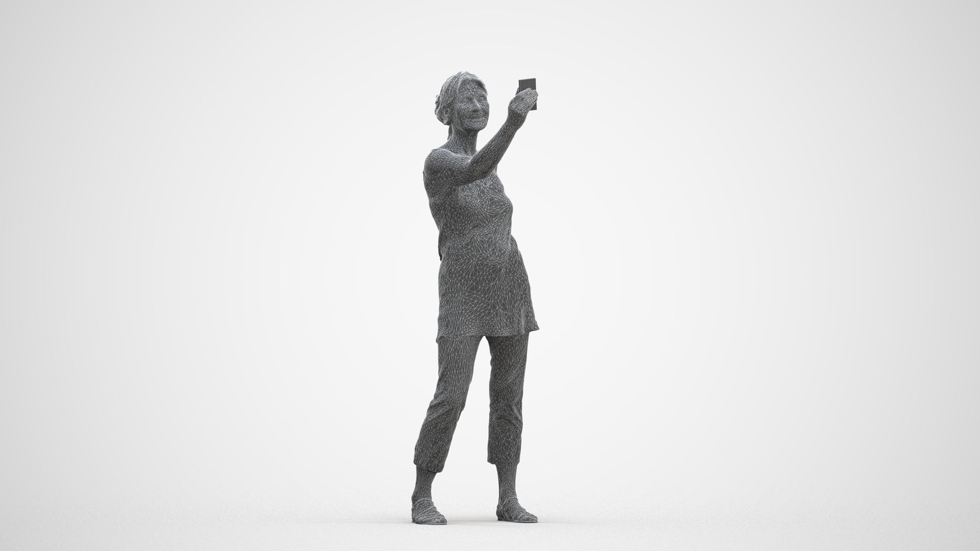 3D human model senior woman casual standing, photogrammetry scanned person for archviz, three-quarter front view render