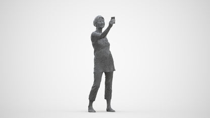 3D human model senior woman casual standing, photogrammetry scanned person for archviz, three-quarter front view render