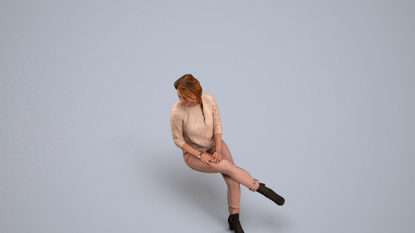 photogrammetry 3D girl business sitting, realistic human model archviz FBX, back view render