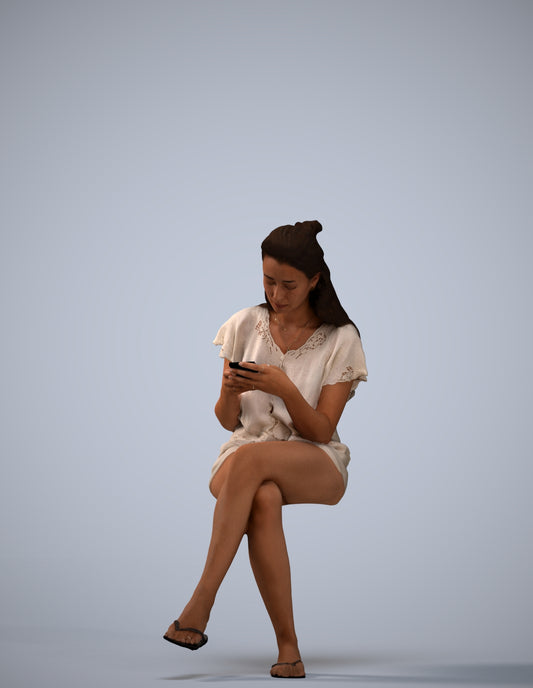 3D human model woman casual sitting, photogrammetry scanned person for archviz