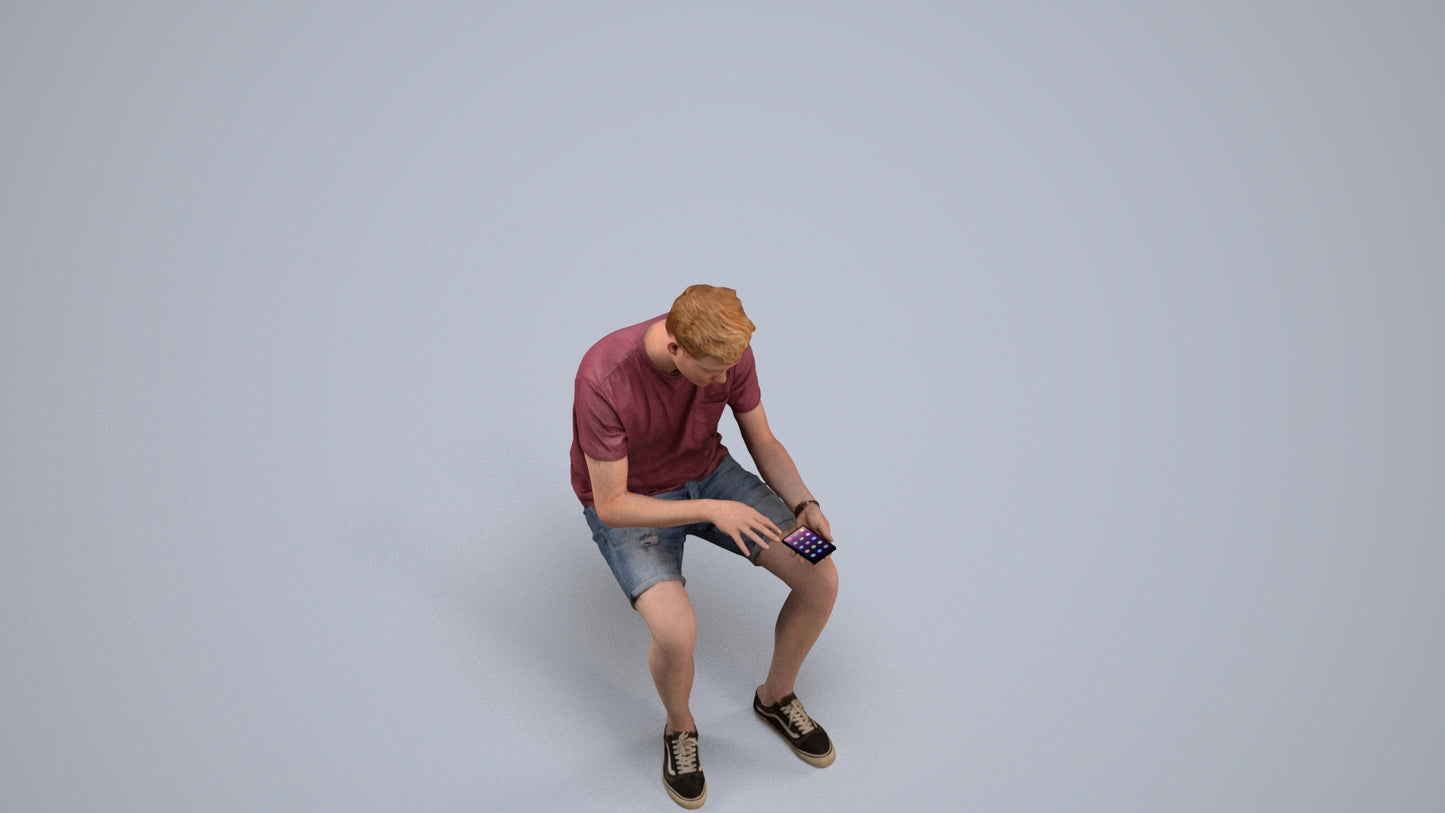 3D human model man casual sitting, photogrammetry scanned person for archviz, back view render