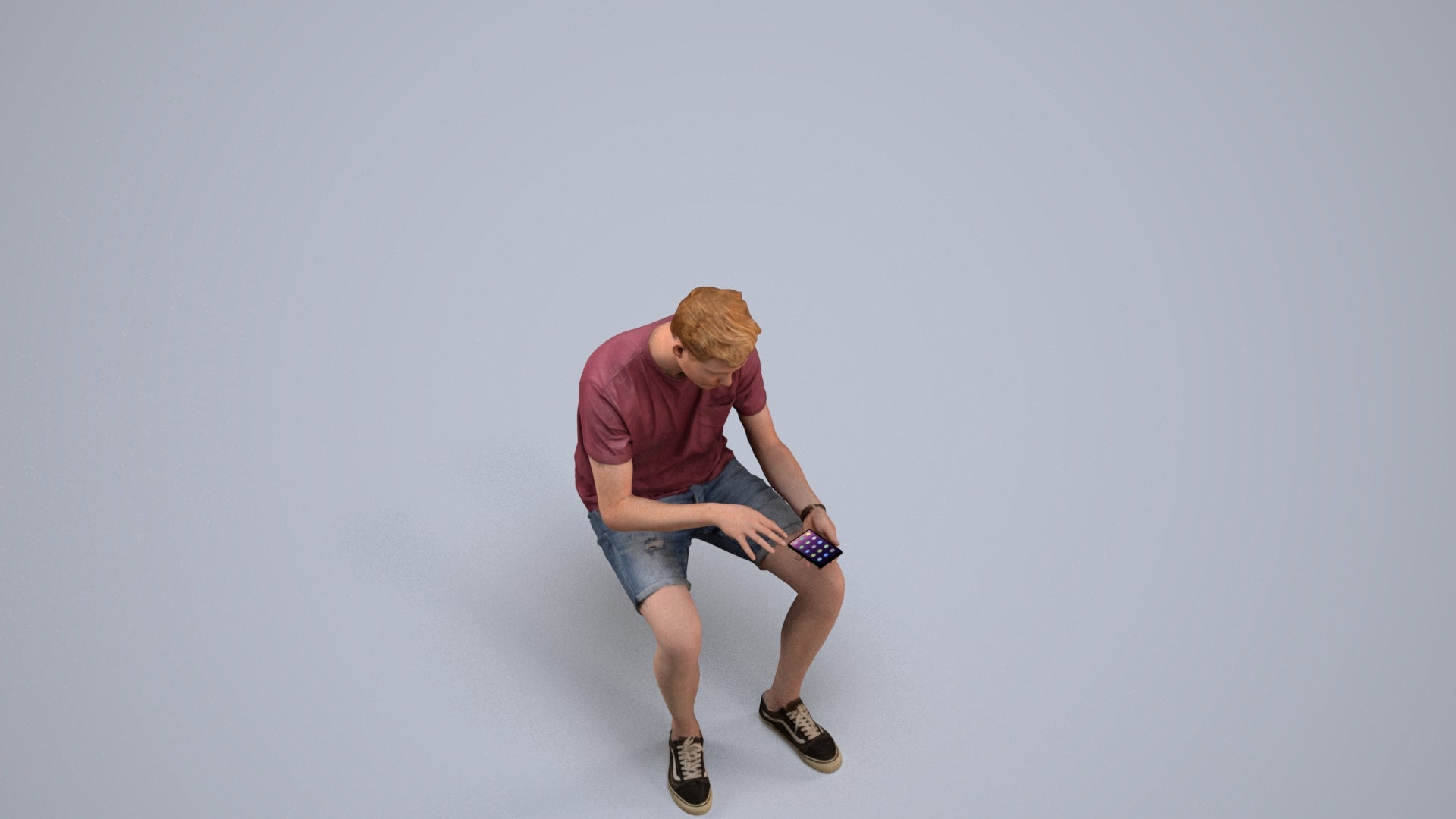 3D human model man casual sitting, photogrammetry scanned person for archviz, back view render