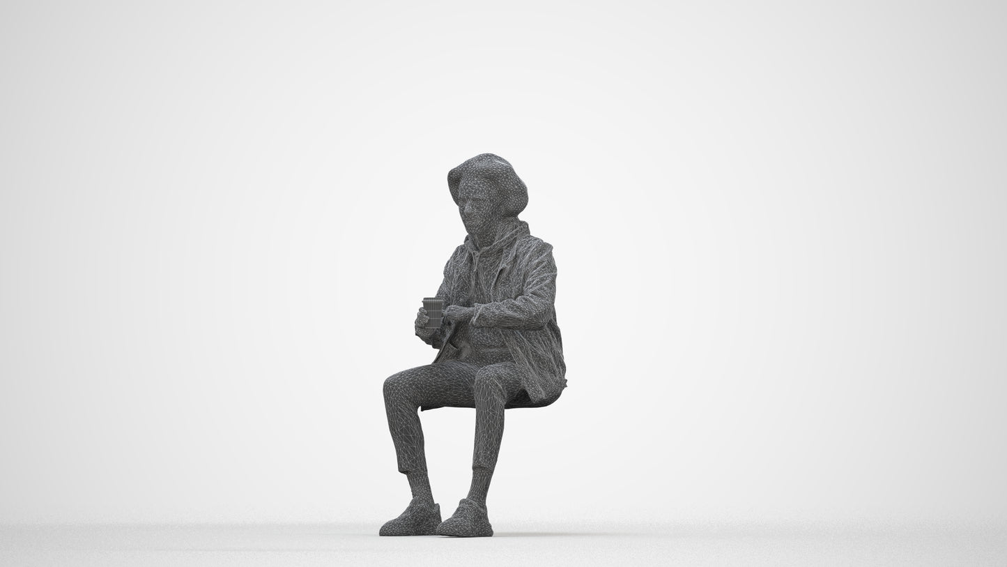 photogrammetry 3D man casual sitting, realistic human model archviz FBX, wireframe back view