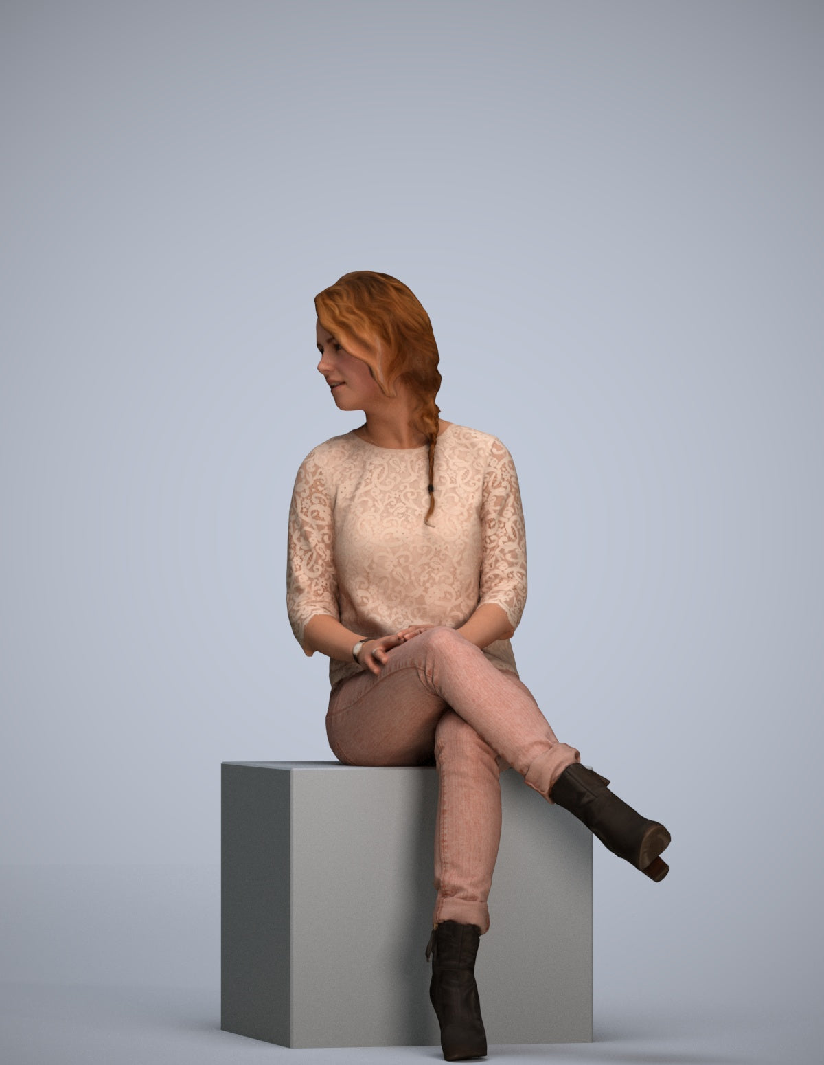 photogrammetry 3D girl business sitting, realistic human model archviz FBX