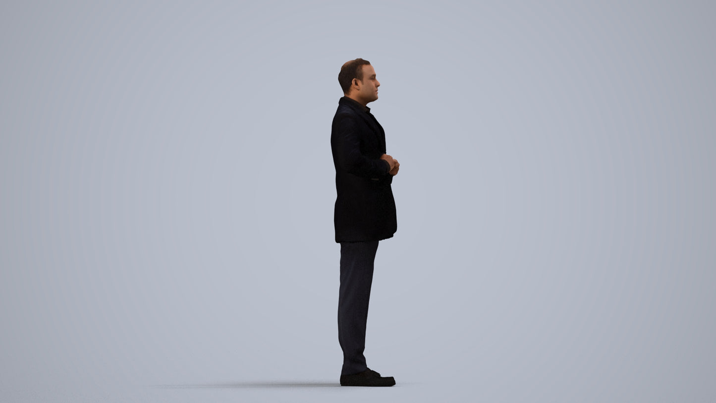 realistic 3D human man business standing, archviz people FBX OBJ for Blender, side view render