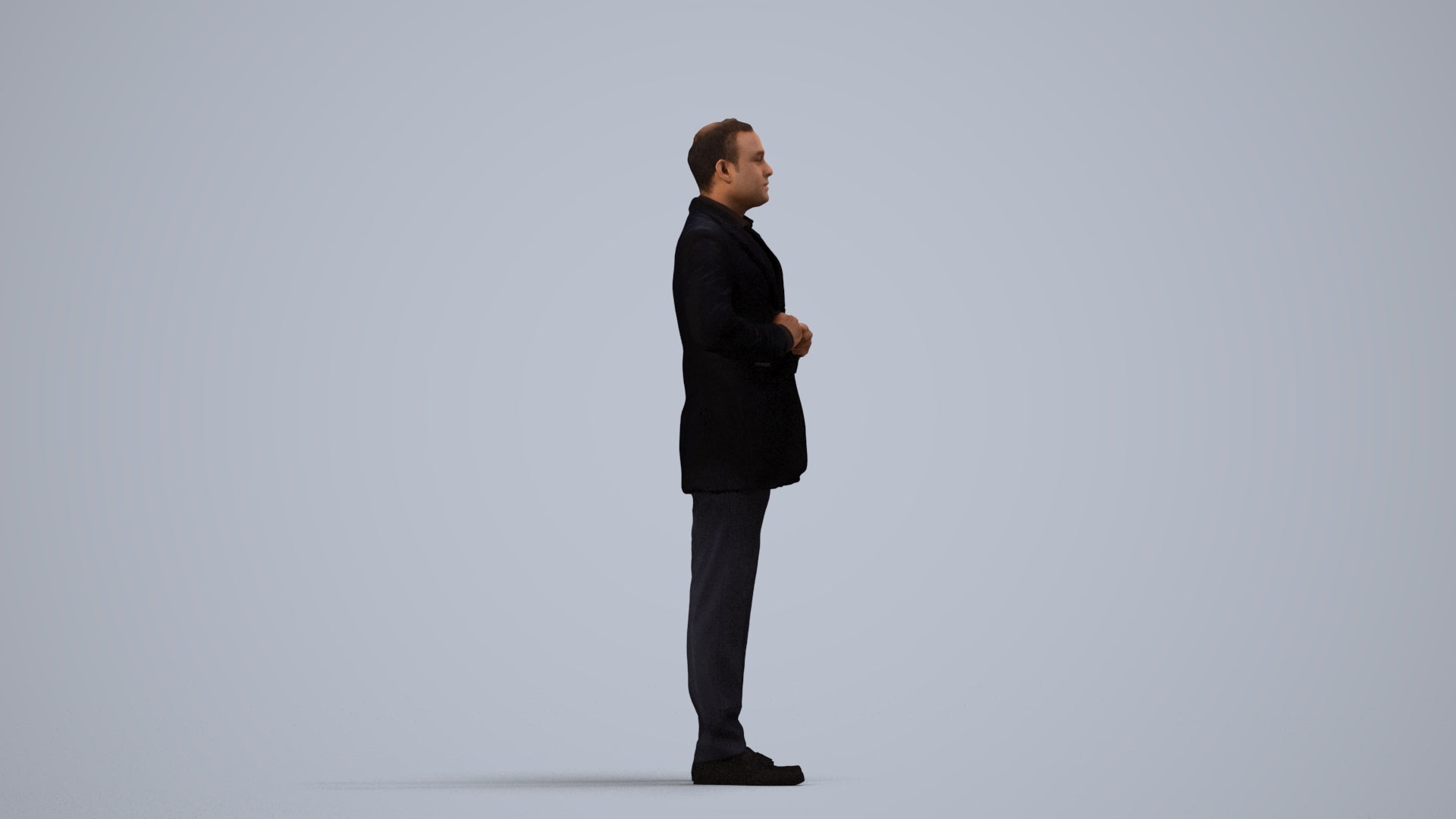 realistic 3D human man business standing, archviz people FBX OBJ for Blender, side view render