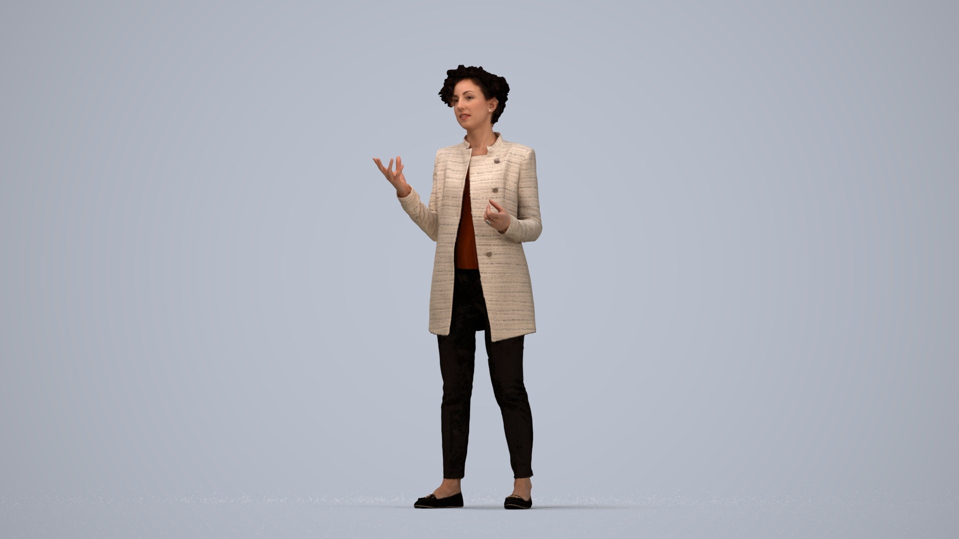 realistic 3D woman business standing, scanned archviz people for Blender and 3ds Max, top-down view render