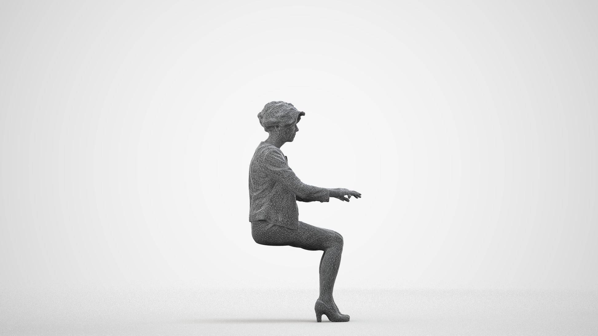 photogrammetry 3D woman business sitting, realistic human model archviz FBX, wireframe side view