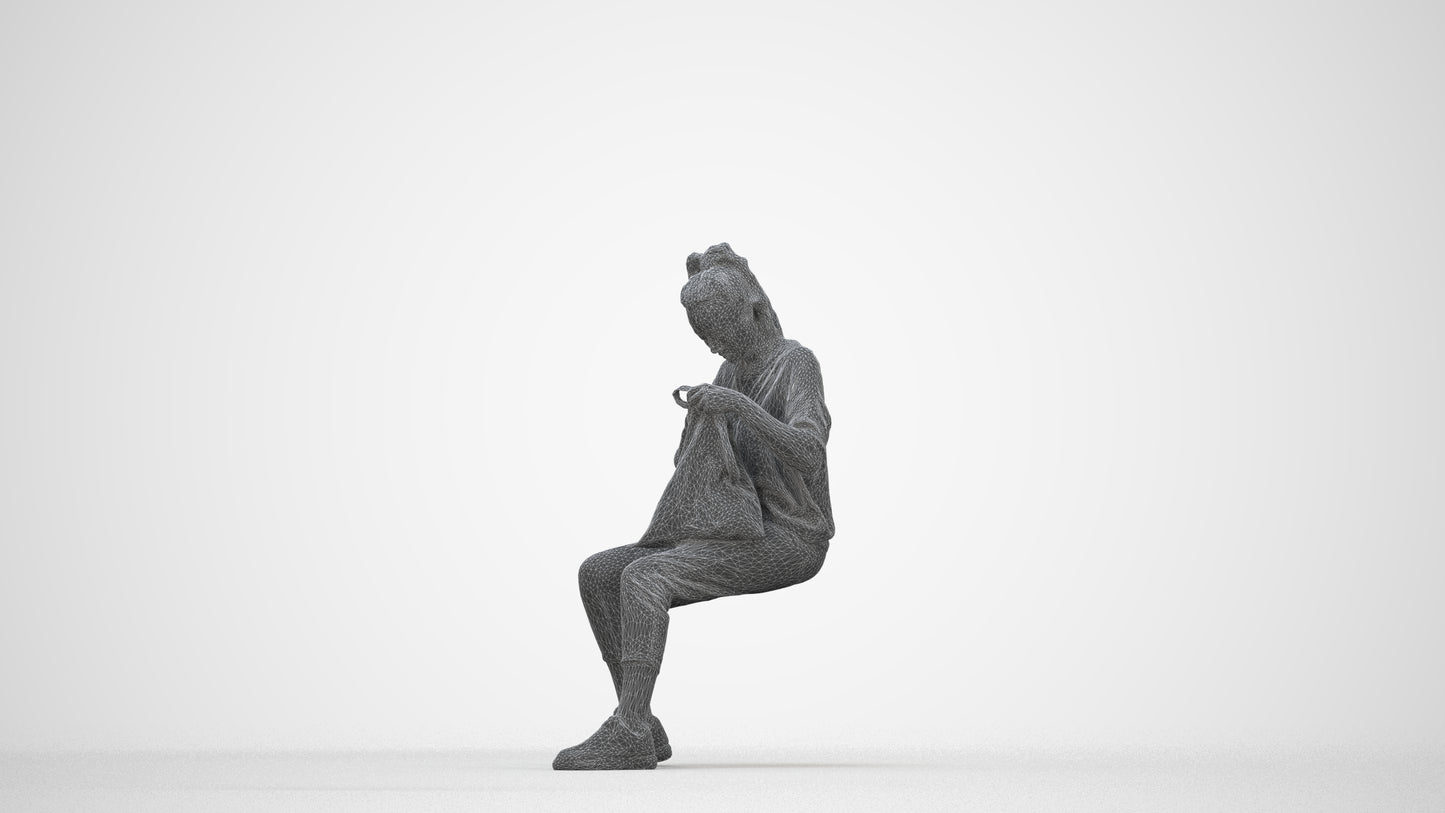 photogrammetry 3D woman casual sitting, realistic human model archviz FBX, wireframe back view