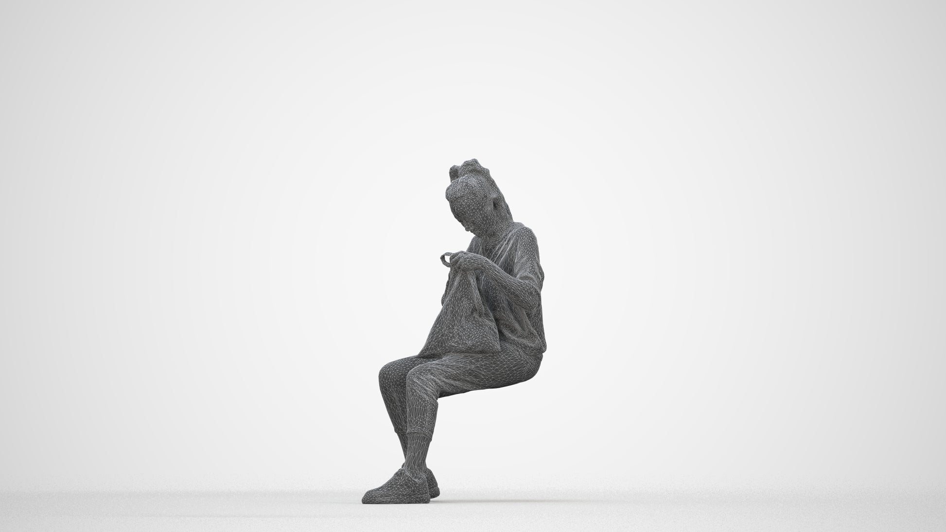 photogrammetry 3D woman casual sitting, realistic human model archviz FBX, wireframe back view