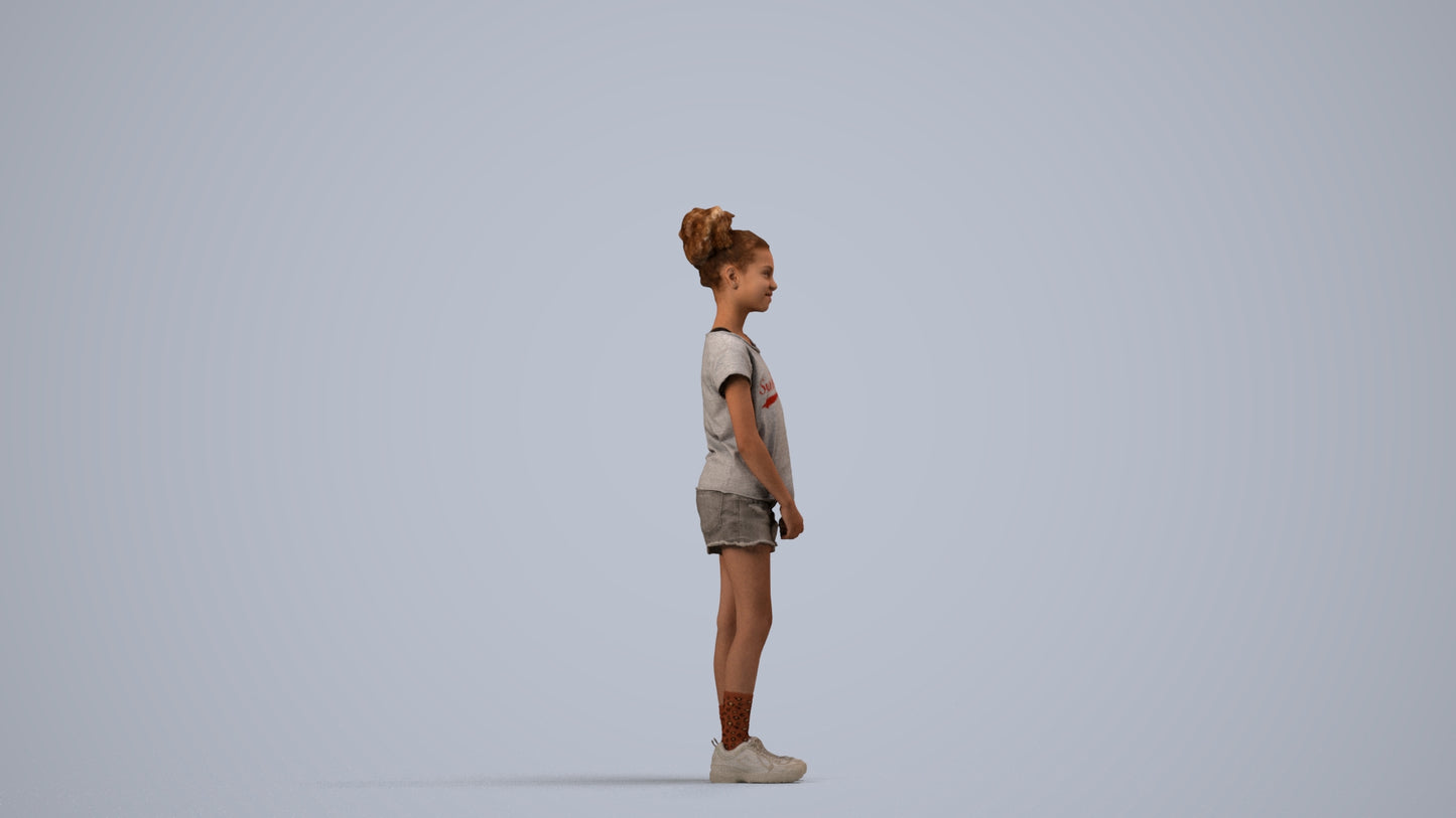 realistic 3D girl casual kids, scanned archviz people for Blender and 3ds Max, side view render