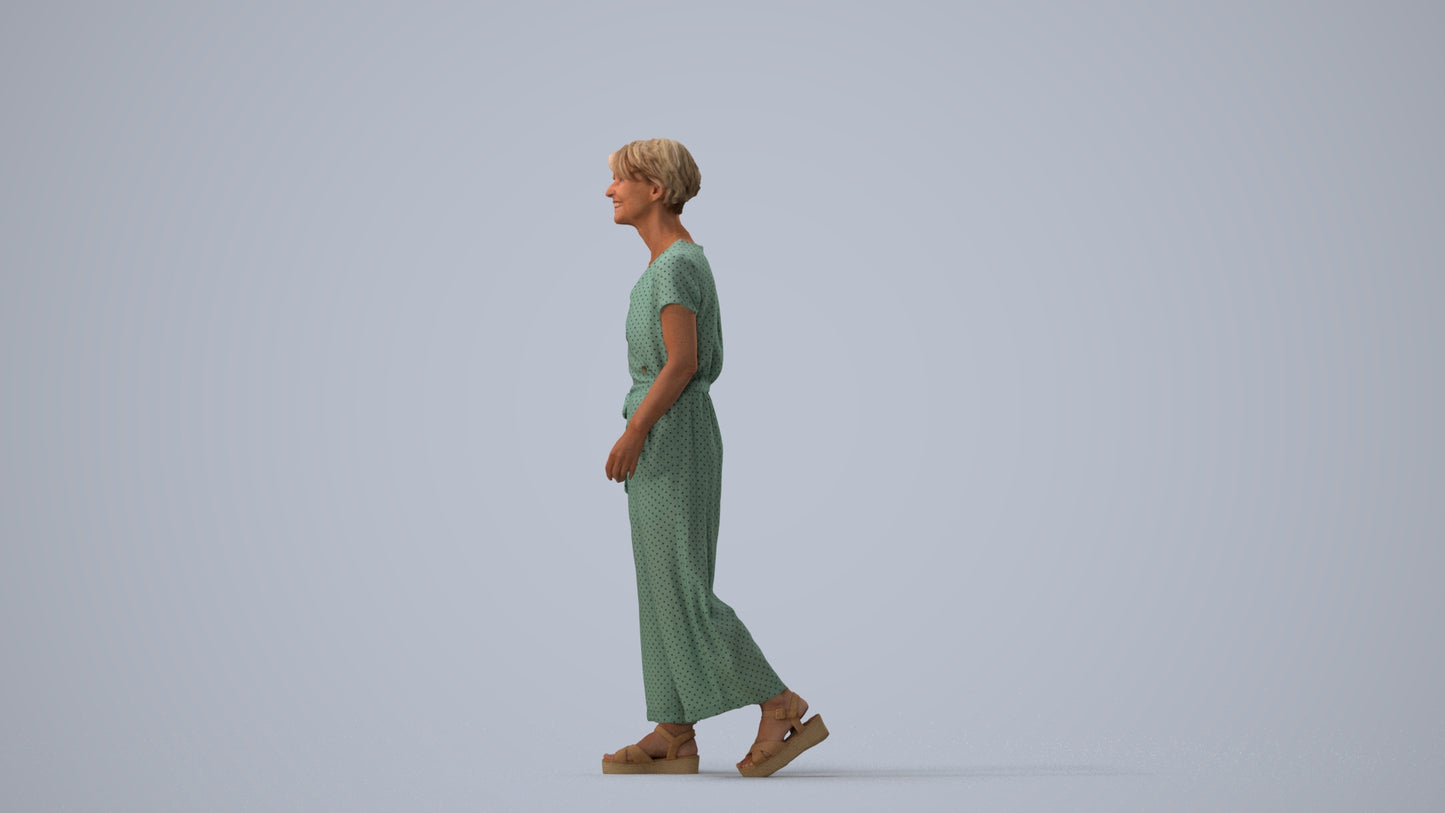 3D human model senior woman casual walking, photogrammetry scanned person for archviz, three-quarter view render