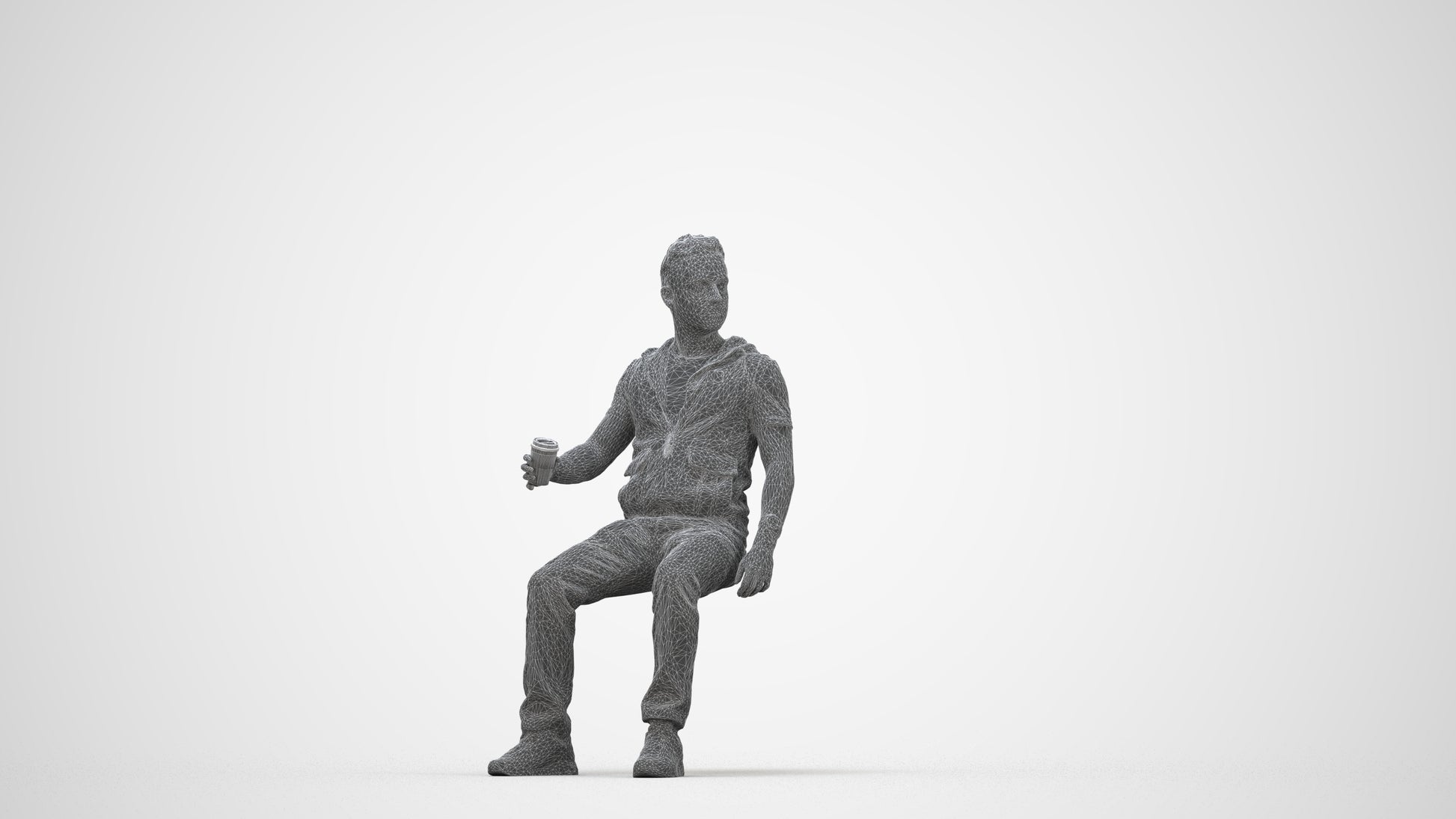 scanned 3D man casual sitting, photogrammetry people for Enscape and V-Ray, wireframe back view