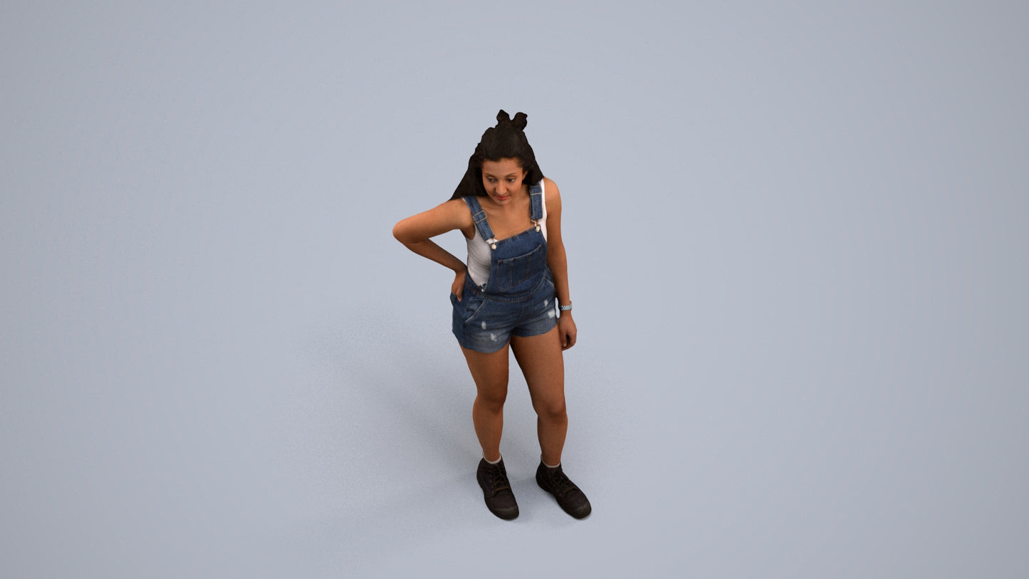 3D human model woman casual standing, photogrammetry scanned person for archviz, back view render