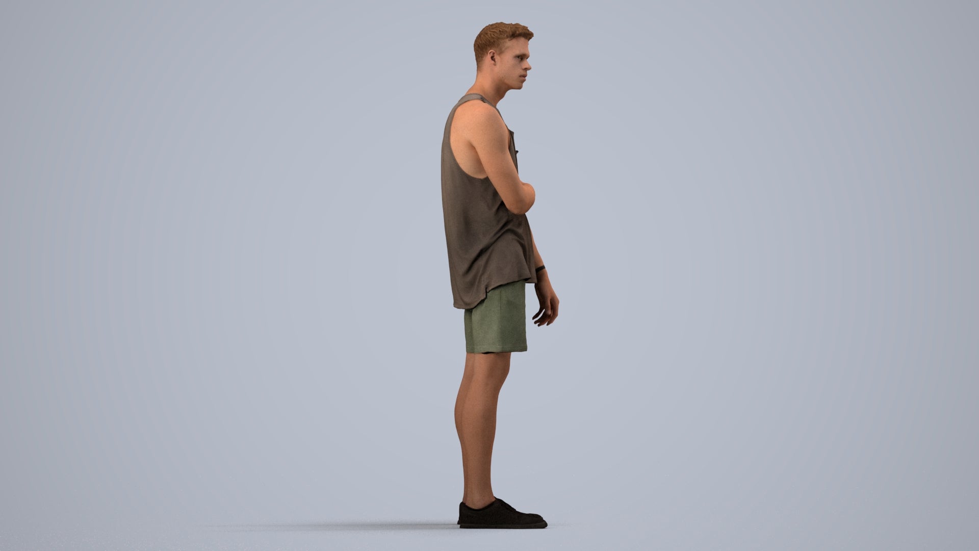 3D human model man casual standing, photogrammetry scanned person for archviz, side view render