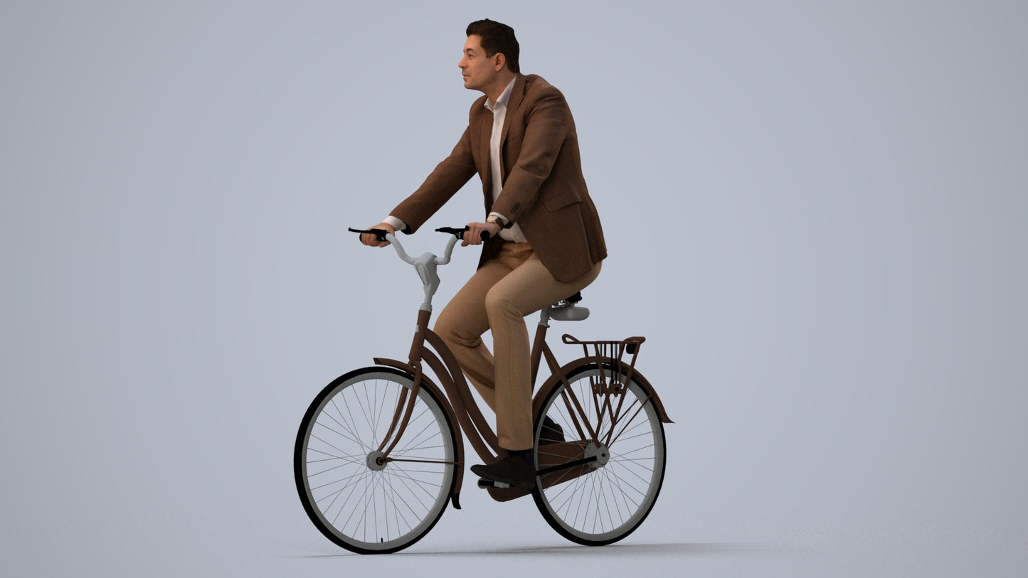 photogrammetry 3D man business cycling, realistic human model archviz FBX, three-quarter view render