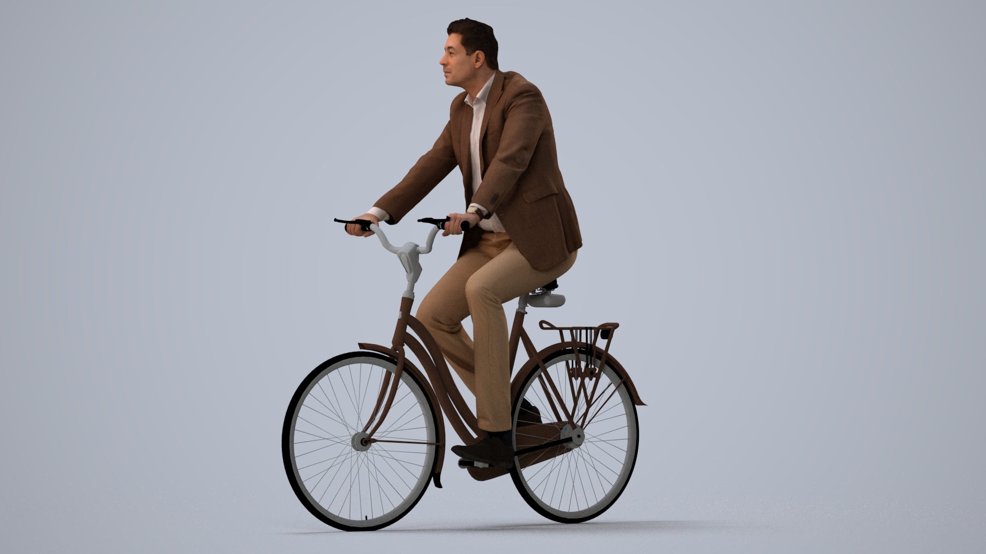 photogrammetry 3D man business cycling, realistic human model archviz FBX, three-quarter view render