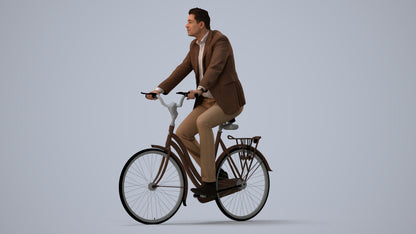photogrammetry 3D man business cycling, realistic human model archviz FBX, three-quarter view render