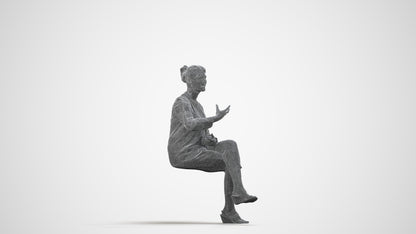 3D human model woman casual sitting, photogrammetry scanned person for archviz, wireframe side view