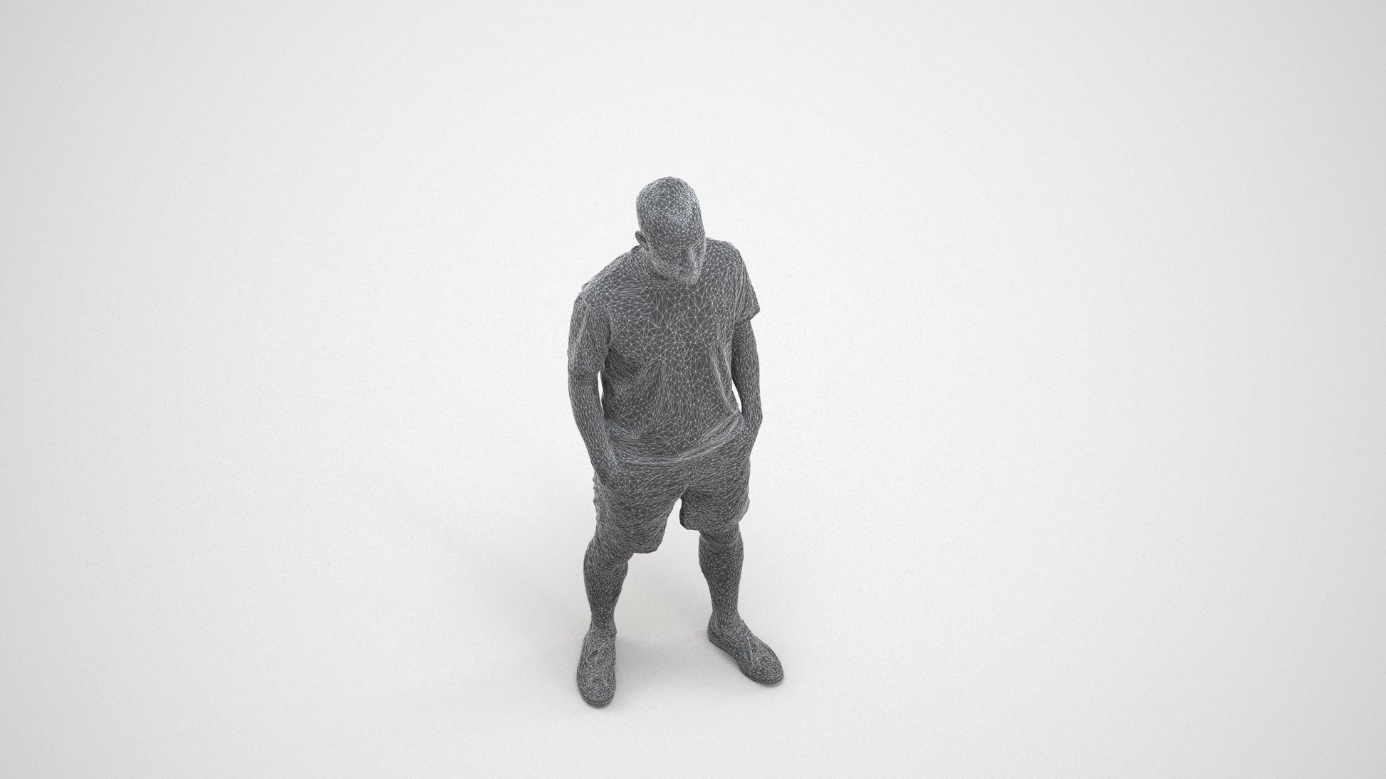 3D human model man casual standing, photogrammetry scanned person for archviz, wireframe three-quarter view