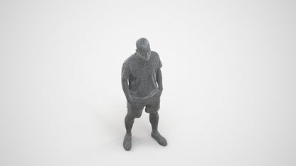 3D human model man casual standing, photogrammetry scanned person for archviz, wireframe three-quarter view