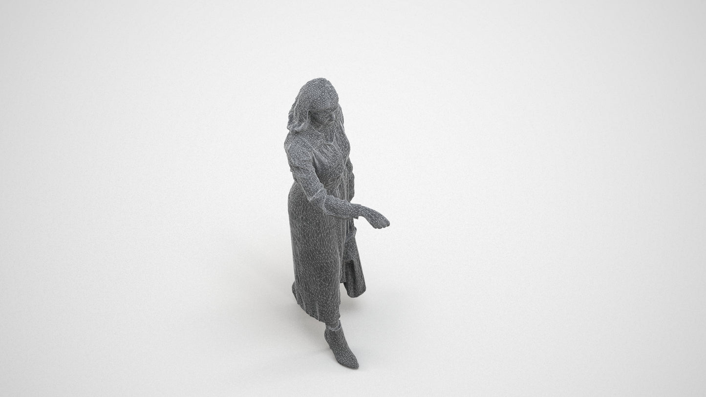 realistic 3D woman casual door, scanned archviz people for Blender and 3ds Max, wireframe three-quarter view
