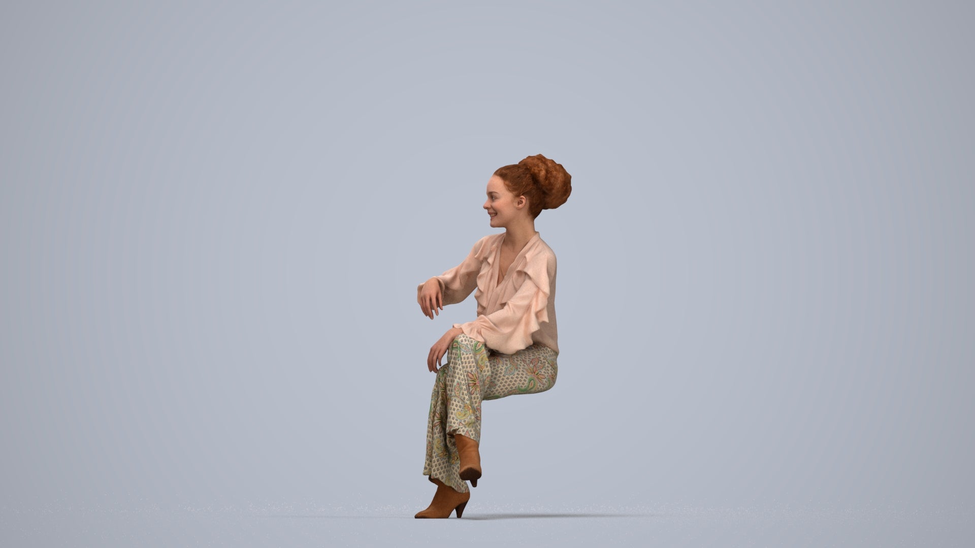 realistic 3D people woman casual sitting, render-ready for V-Ray and Corona, FBX OBJ, top-down view render
