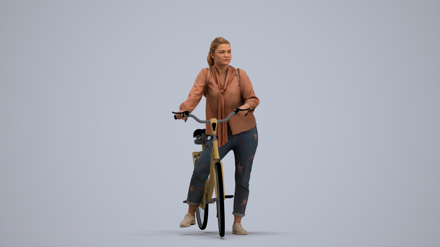 3D scanned woman cycling casual, photorealistic archviz people for Enscape and SketchUp, standing pose render