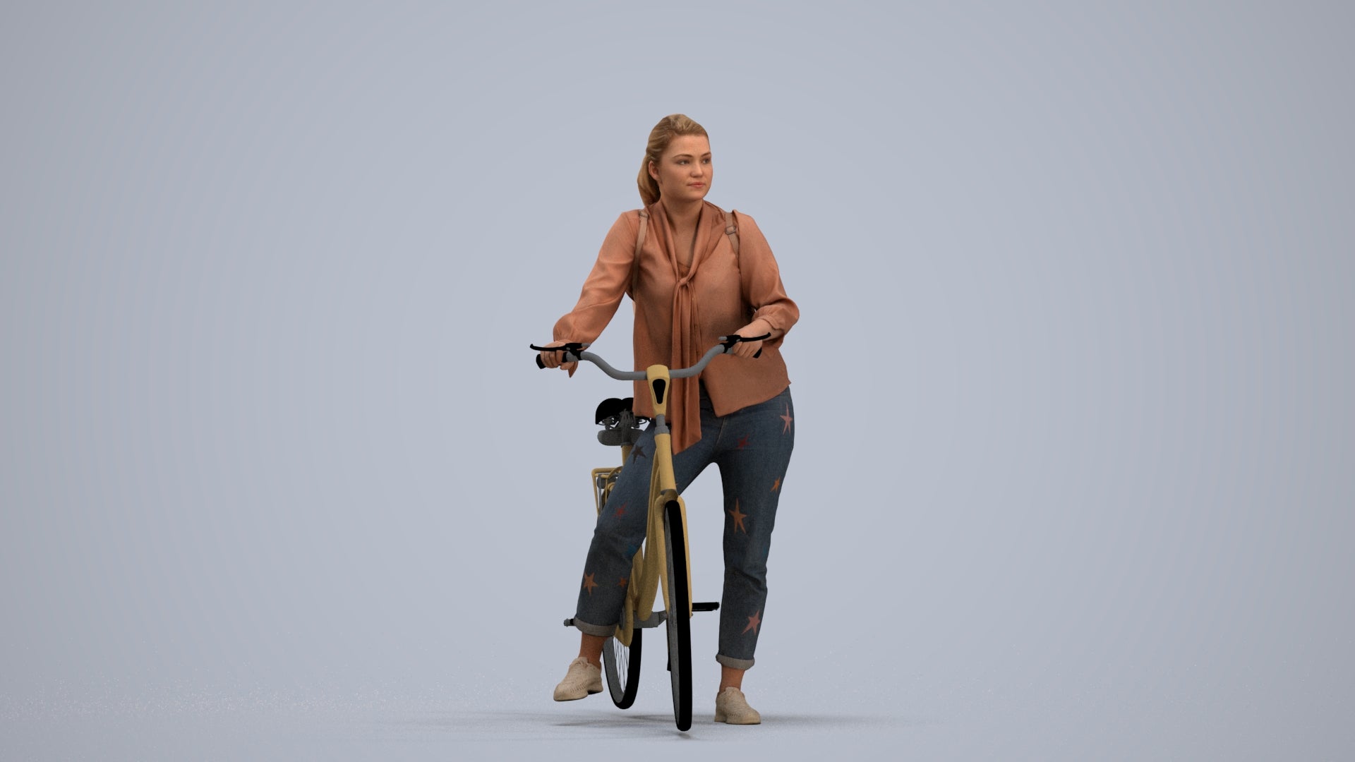 3D scanned woman cycling casual, photorealistic archviz people for Enscape and SketchUp, standing pose render