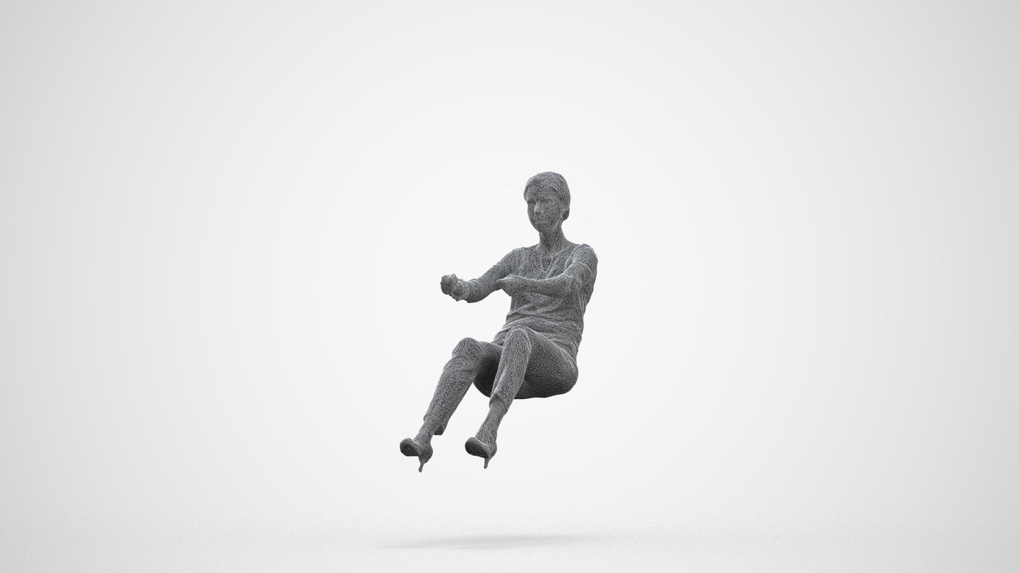 3D human model woman casual driving, photogrammetry scanned person for archviz, three-quarter front view render