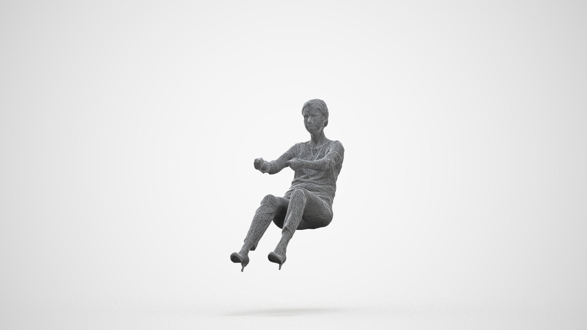 3D human model woman casual driving, photogrammetry scanned person for archviz, three-quarter front view render