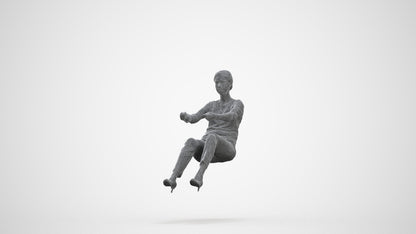 3D human model woman casual driving, photogrammetry scanned person for archviz, three-quarter front view render