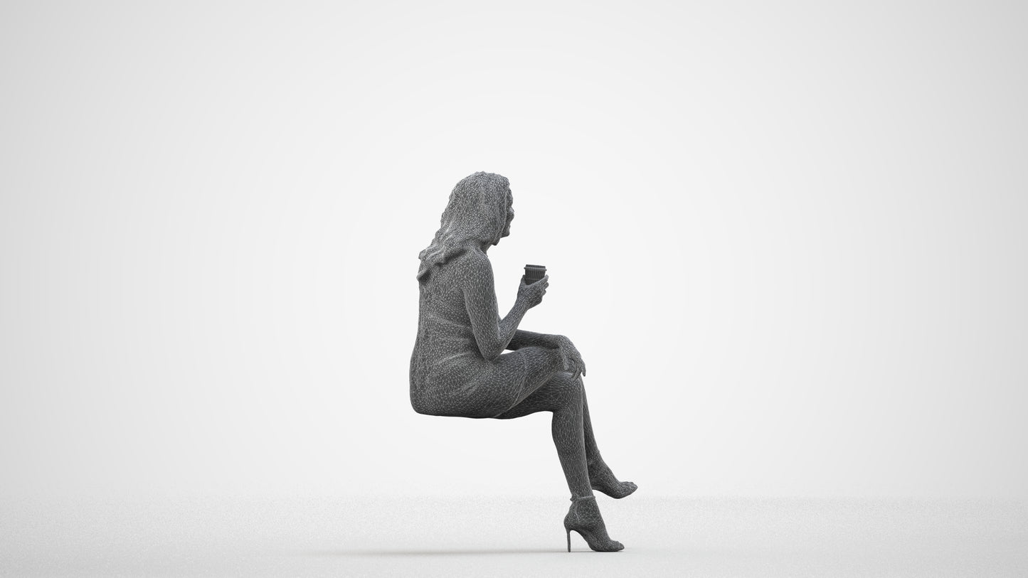 3D people model woman casual sitting, scanned human for 3ds Max rendering, wireframe side view