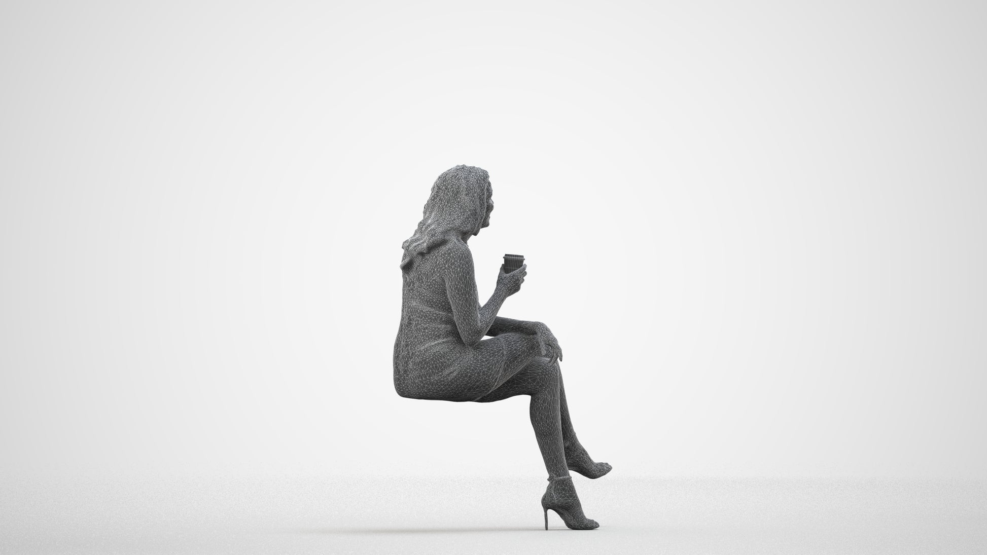 3D people model woman casual sitting, scanned human for 3ds Max rendering, wireframe side view