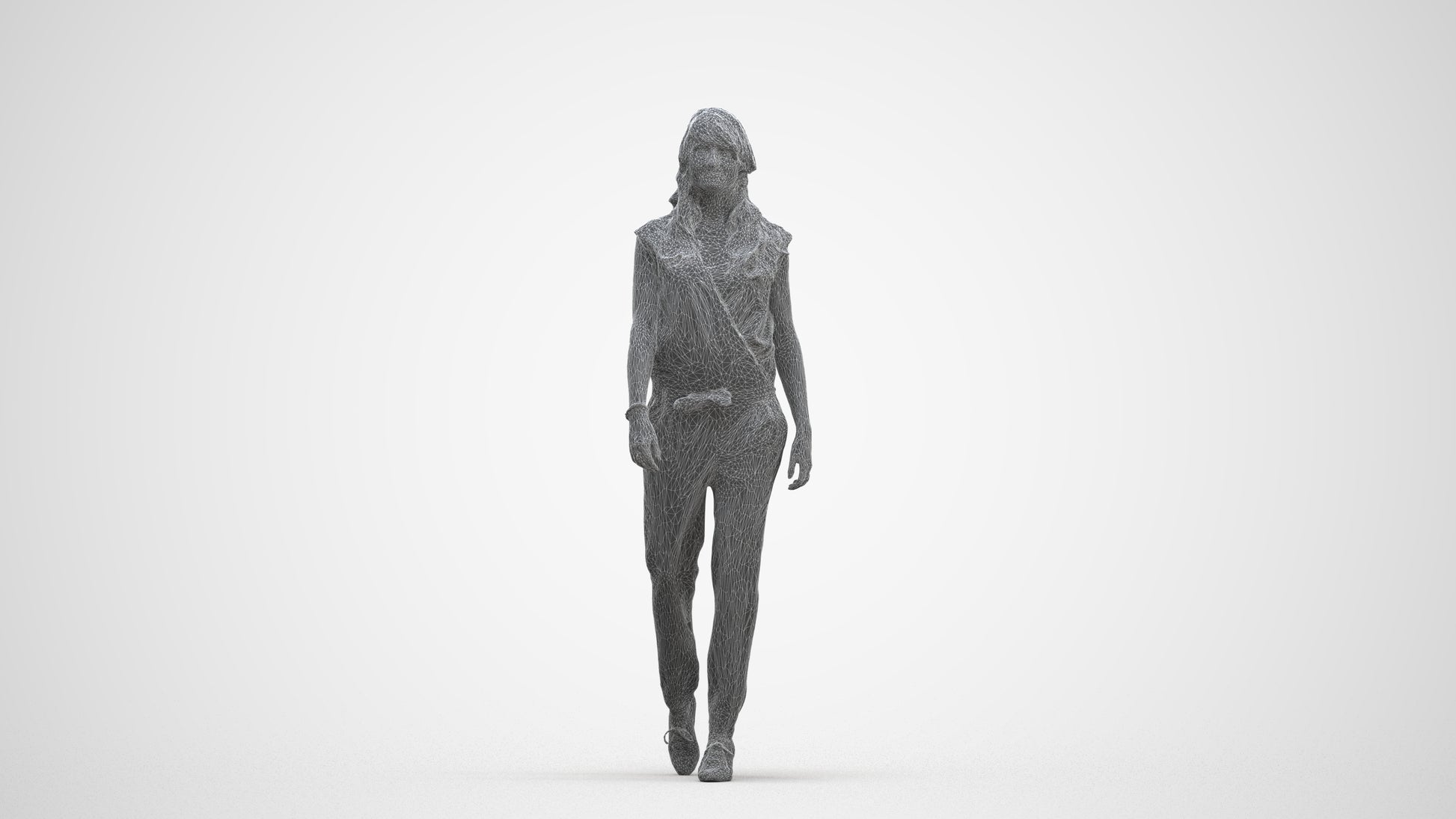 3D scanned woman walking casual, photorealistic archviz people for Enscape and SketchUp, three-quarter front view render