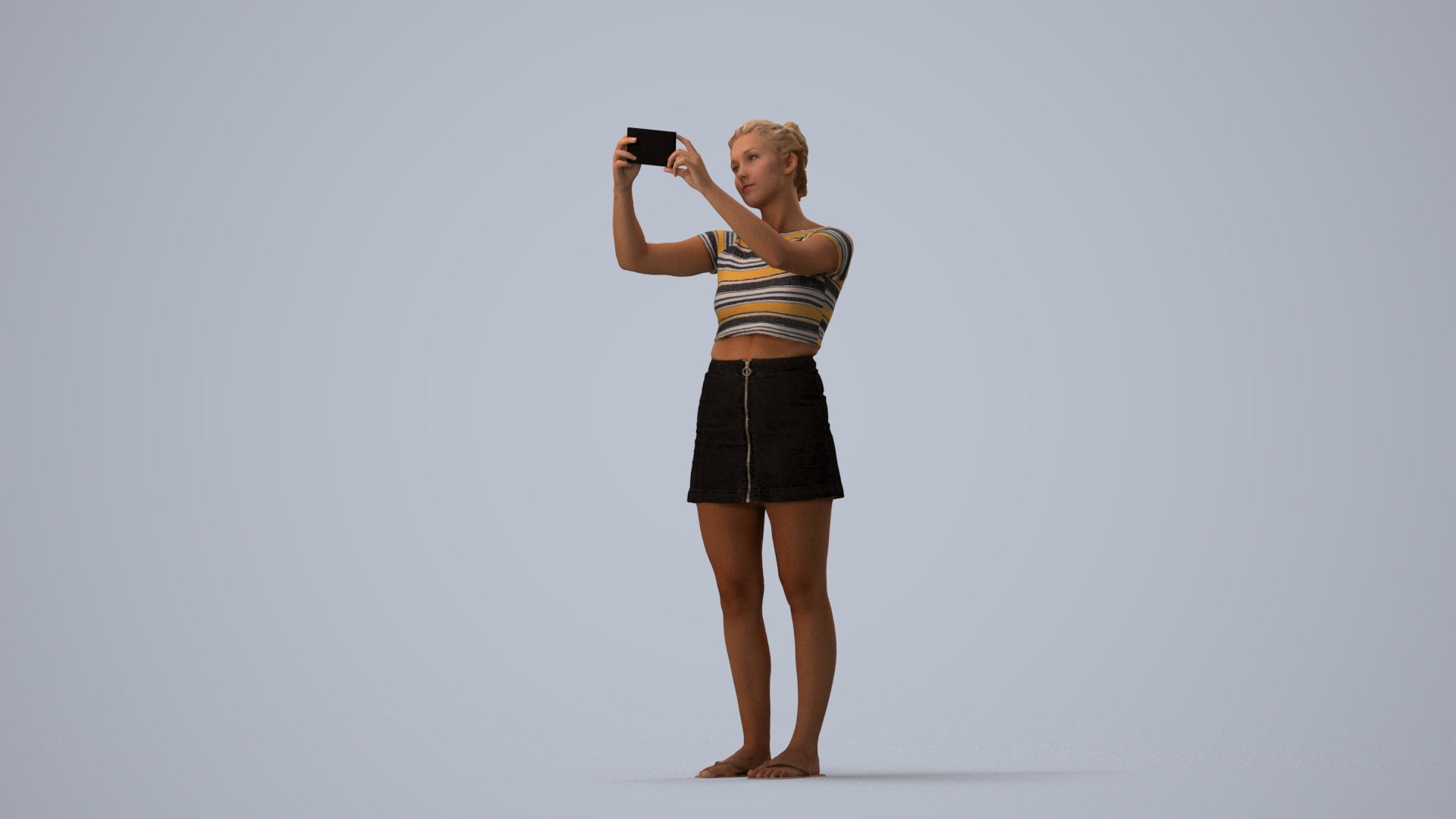 3D human model woman casual standing, photogrammetry scanned person for archviz, three-quarter view render