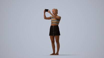 3D human model woman casual standing, photogrammetry scanned person for archviz, three-quarter view render