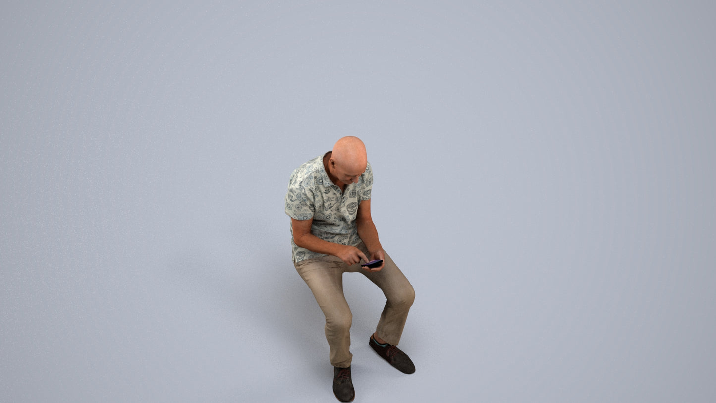 realistic 3D senior man casual sitting, scanned archviz people for Blender and 3ds Max, back view render