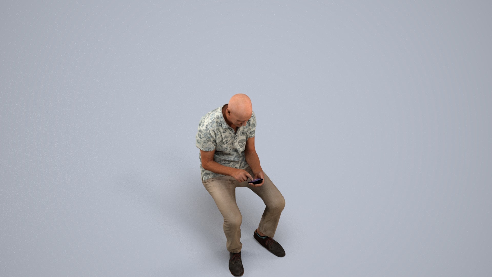 realistic 3D senior man casual sitting, scanned archviz people for Blender and 3ds Max, back view render