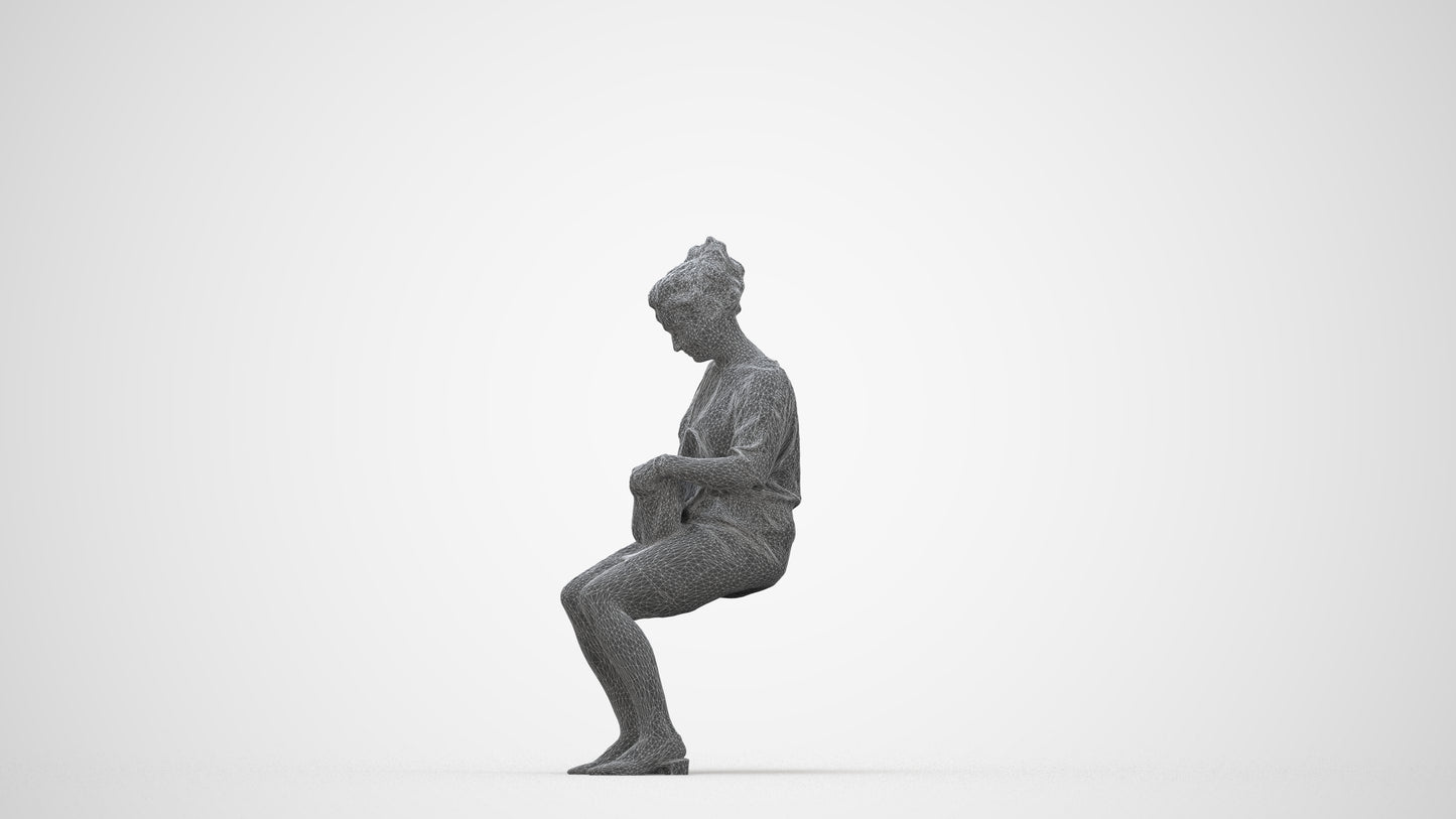 3D scanned woman sitting casual, photorealistic archviz people for Enscape and SketchUp, wireframe back view