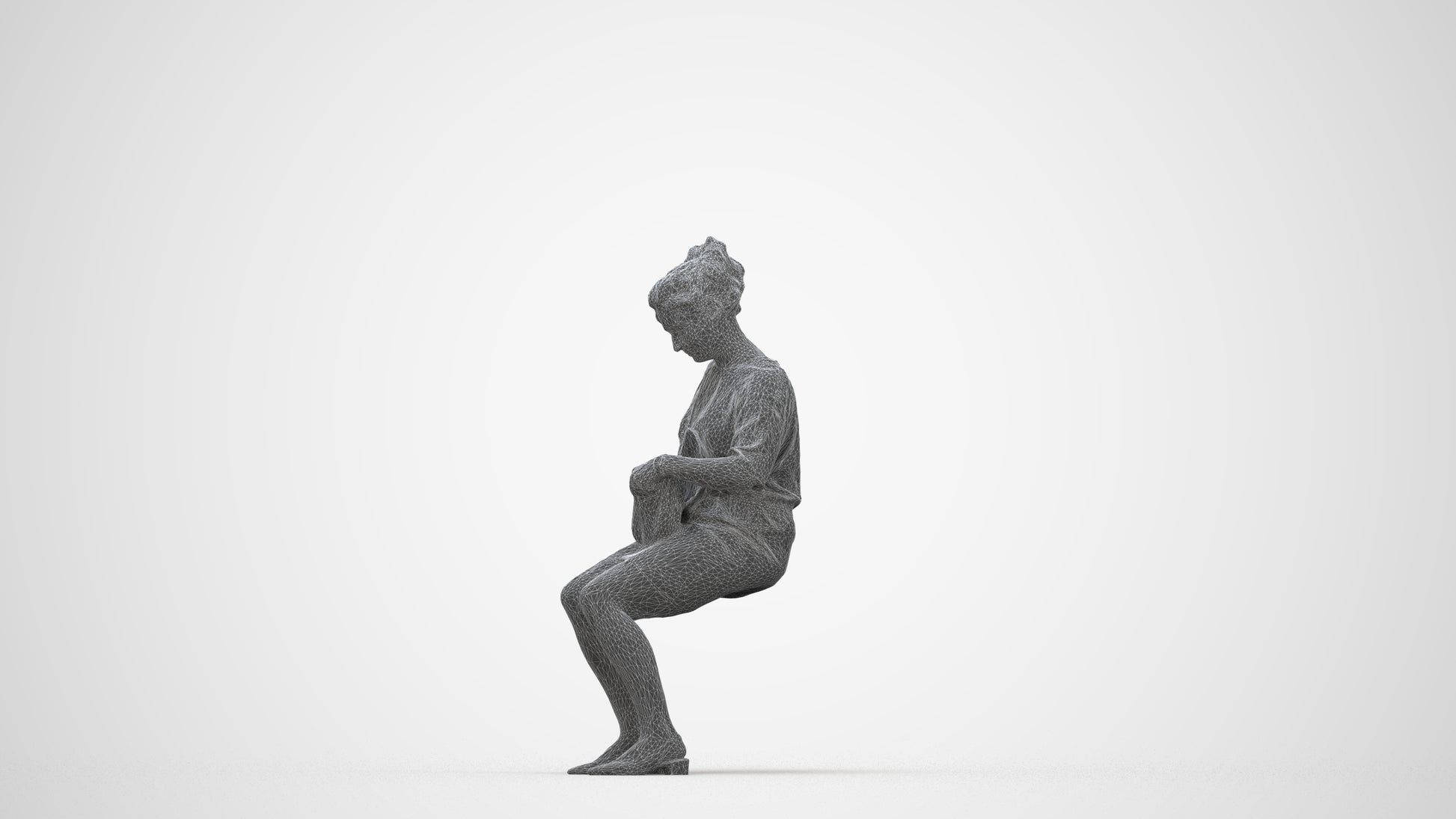 3D scanned woman sitting casual, photorealistic archviz people for Enscape and SketchUp, wireframe back view